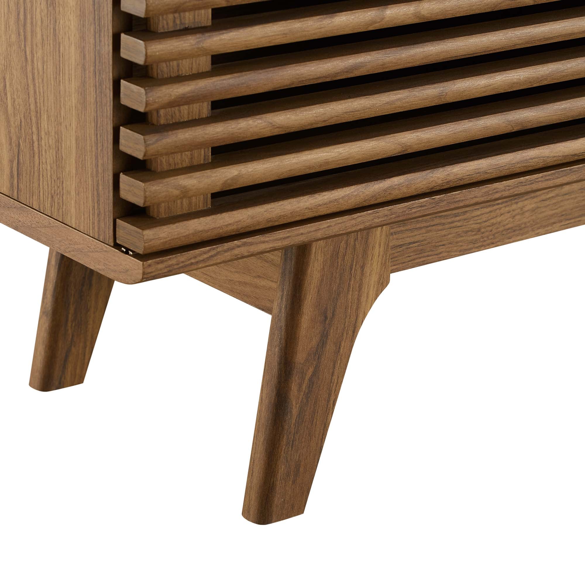 Render 71" Media Console TV Stand | Oak &amp; Walnut Finish Options | Mid-Century Modern Entertainment Center | Smooth Wood Grain Laminate | Durable Particleboard and MDF Construction | Slatted Sliding Doors image 3