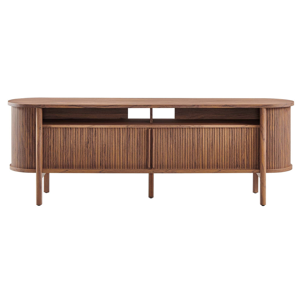 Cadence 71" Curved TV Stand | Oak &amp; Walnut Finish Options | Wood, Particleboard, MDF | Wood Grain Laminate | Adjustable Shelf | Cable Management Hole | Leveling Non-Marking Feet image 6