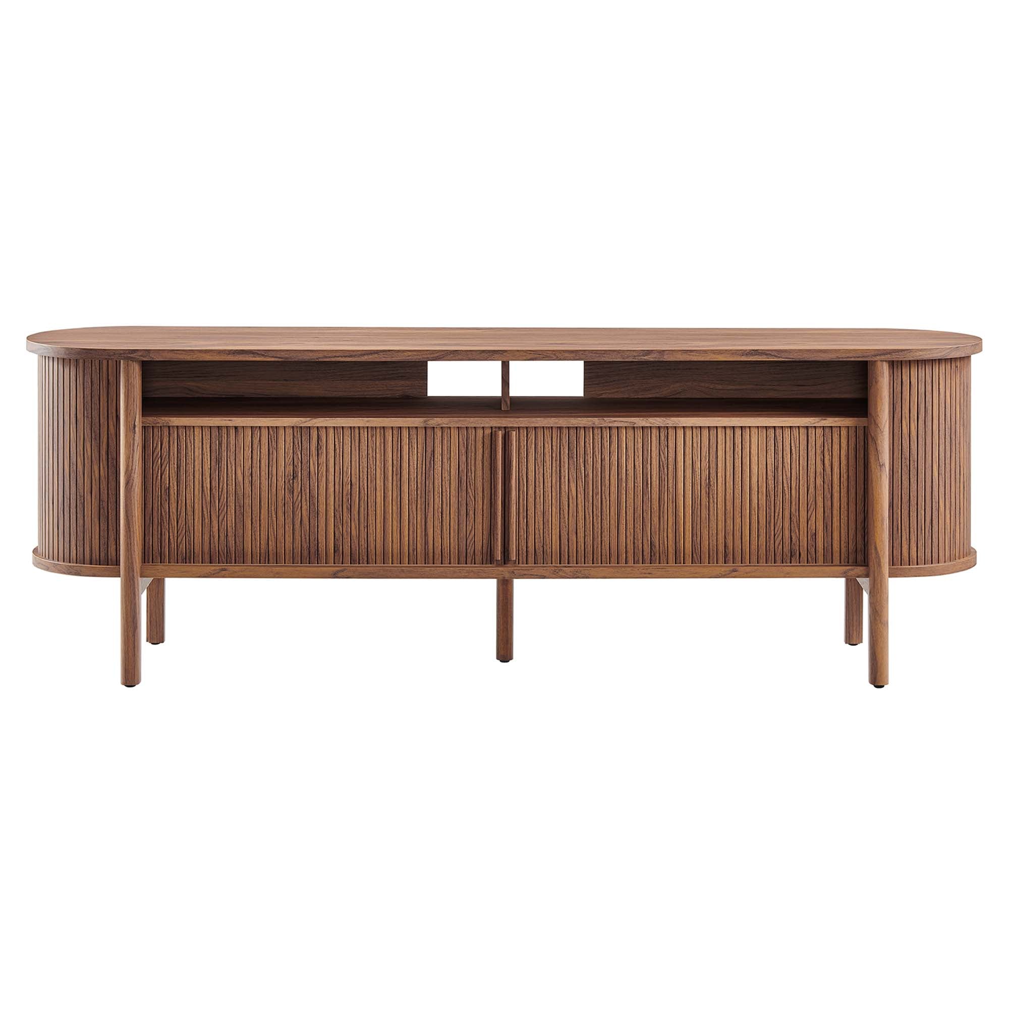 Cadence 71" Curved TV Stand | Oak &amp; Walnut Finish Options | Wood, Particleboard, MDF | Wood Grain Laminate | Adjustable Shelf | Cable Management Hole | Leveling Non-Marking Feet image 6