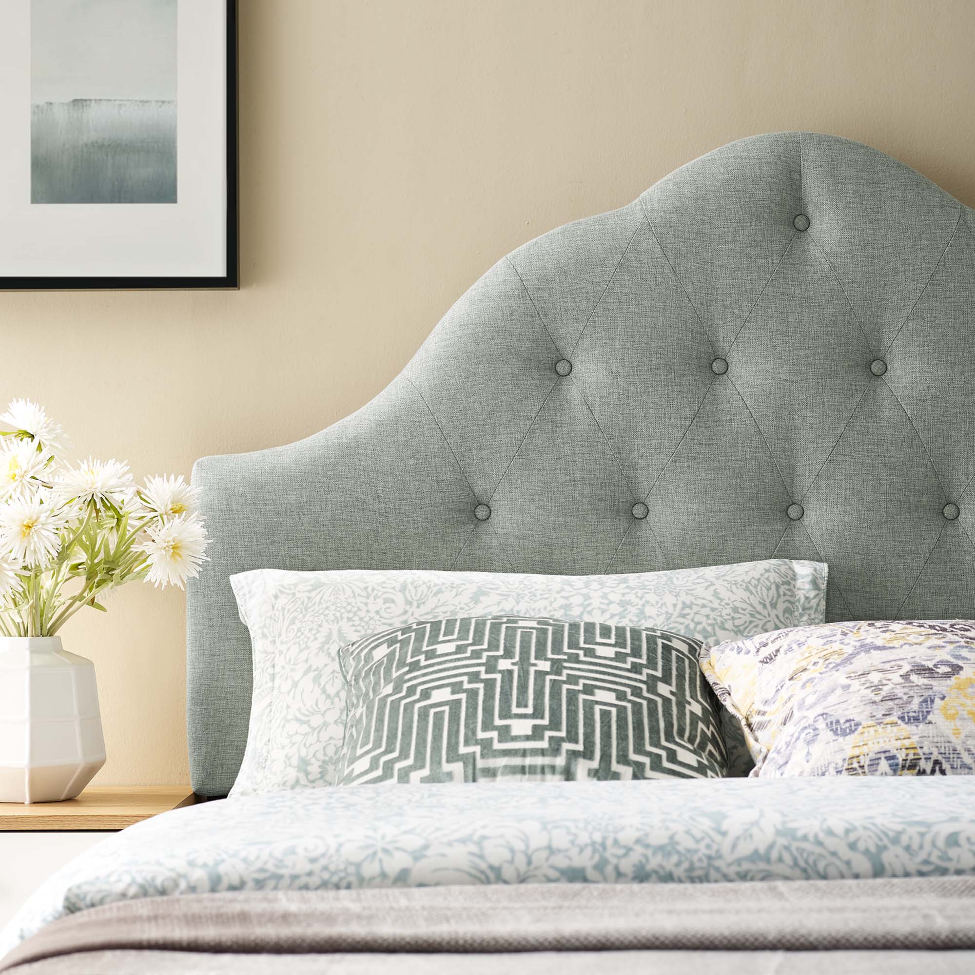 Sovereign Upholstered Fabric Headboard | Padded with Foam, Linen Fabric Upholstery | Queen &amp; King Sizes | Gray &amp; Beige Color Options image 1