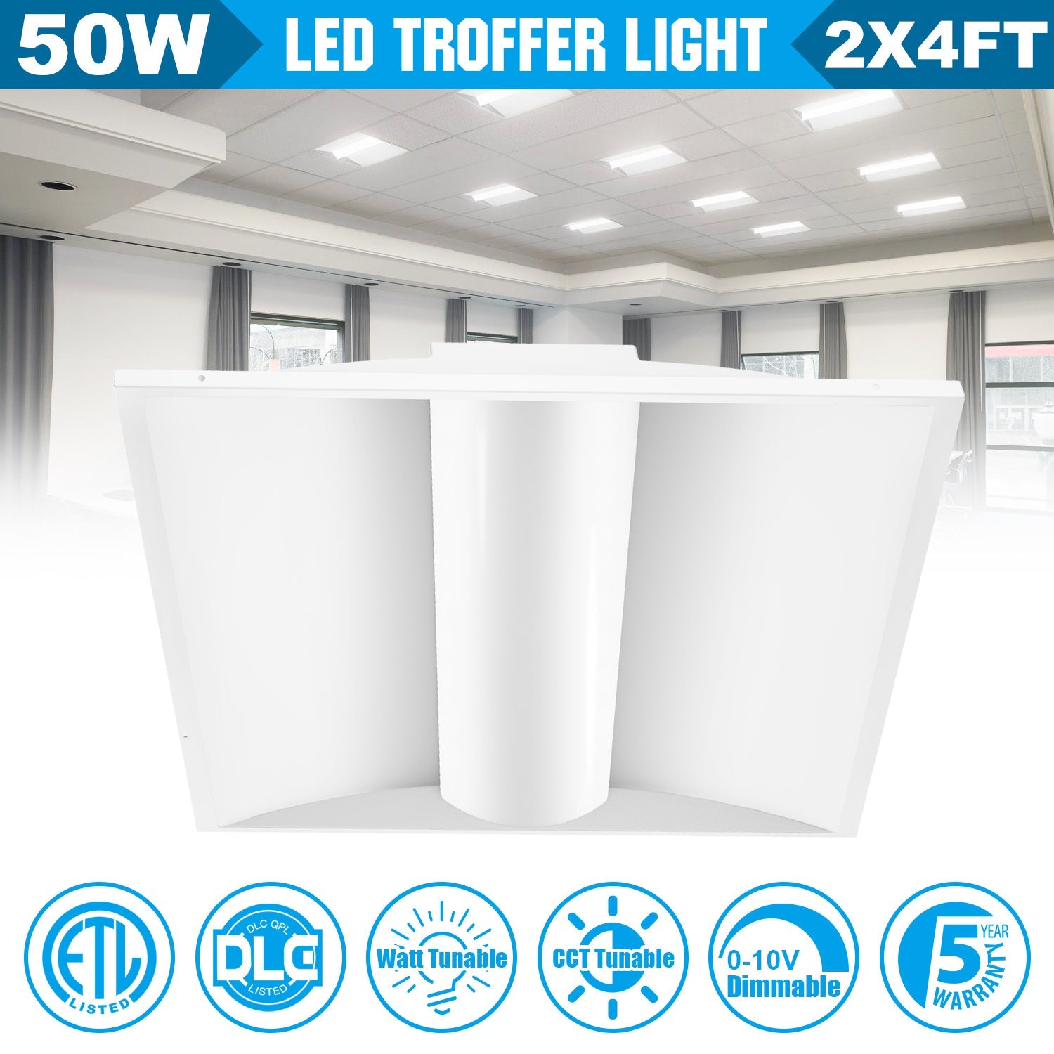 2 Ft. x 4 Ft. LED Center Basket Troffer Light | 25W/30W/35W/40W/50W Wattage Switchable | 3500K/4000K/5000K/5700K/6500K CCT Changeable | Dip Switch | 0-10V Dimming | 120V-277V | ETL, DLC 5.1 Listed | Recessed Light Fixtures | Pack of 2 image 0
