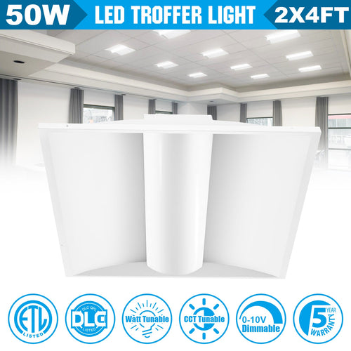 2 Ft. x 4 Ft. LED Center Basket Troffer Light | 25W/30W/35W/40W/50W Wattage Switchable | 3500K/4000K/5000K/5700K/6500K CCT Changeable | Dip Switch | 0-10V Dimming | 120V-277V | ETL, DLC 5.1 Listed | Recessed Light Fixtures | Pack of 2 image 0