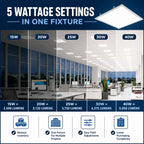 2x2 led panel light fixture with wattage settings and lumens information in an office setting