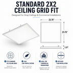Ceiling grid panel with dimensions and features on a white background