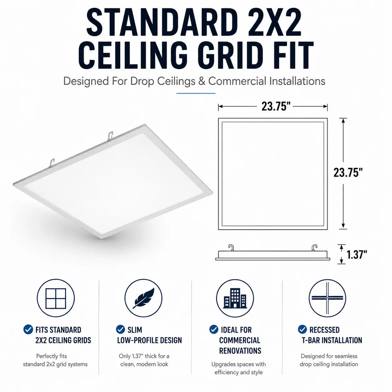Ceiling grid panel with dimensions and features on a white background