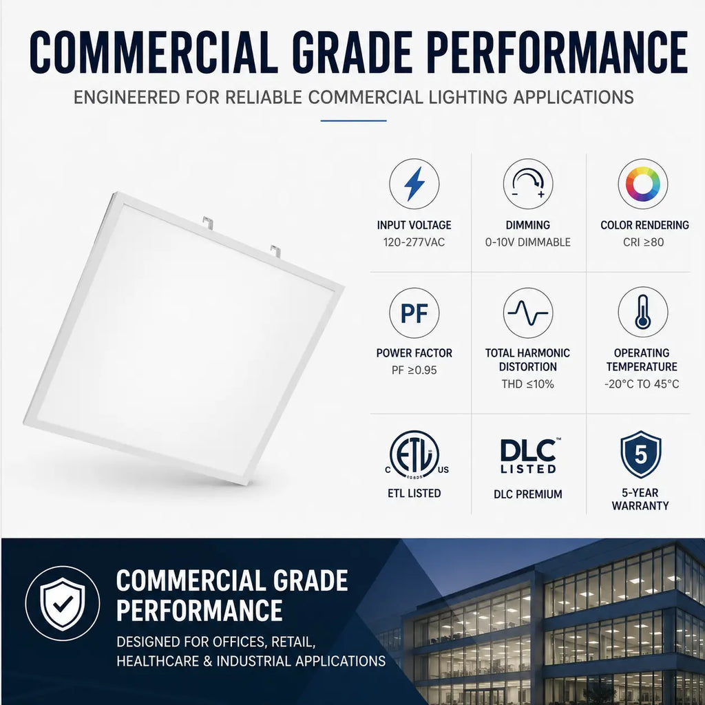 2x2 LED panel light: Commercial-grade lighting fixture with specifications and certifications on a white background