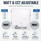 2x2 led panel Light fixture with watt and CCT adjustable features on a white background