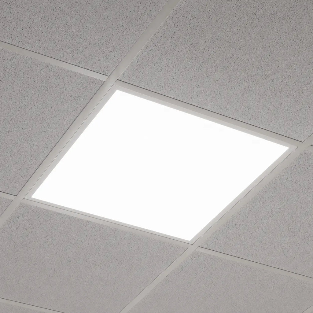 2x2 LED panel Square ceiling light fixture embedded in a gray tiled ceiling