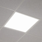 2x2 LED panel Square ceiling light fixture embedded in a gray tiled ceiling