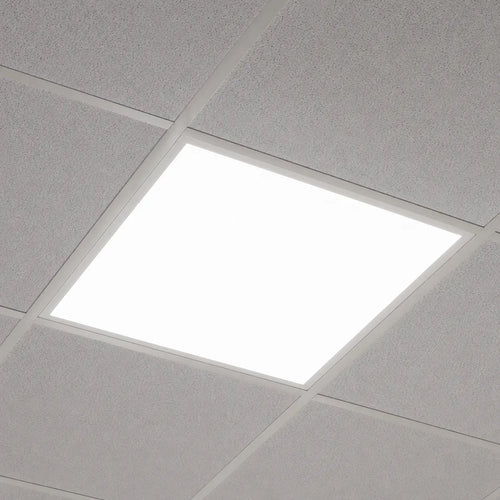 2x2 LED panel Square ceiling light fixture embedded in a gray tiled ceiling