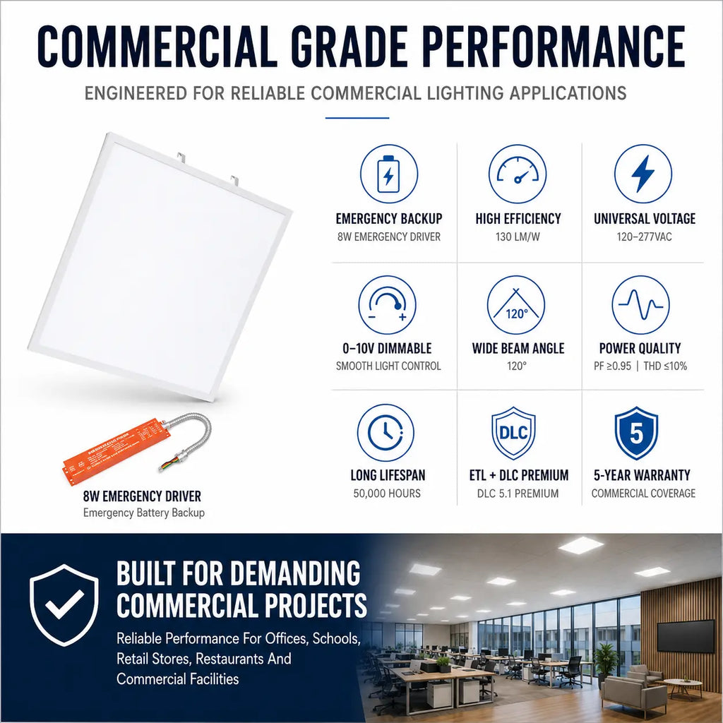 2x2 LED Panel Light with Emergency Battery Backup, Adjustable Wattage & CCT | ETL, DLC Premium