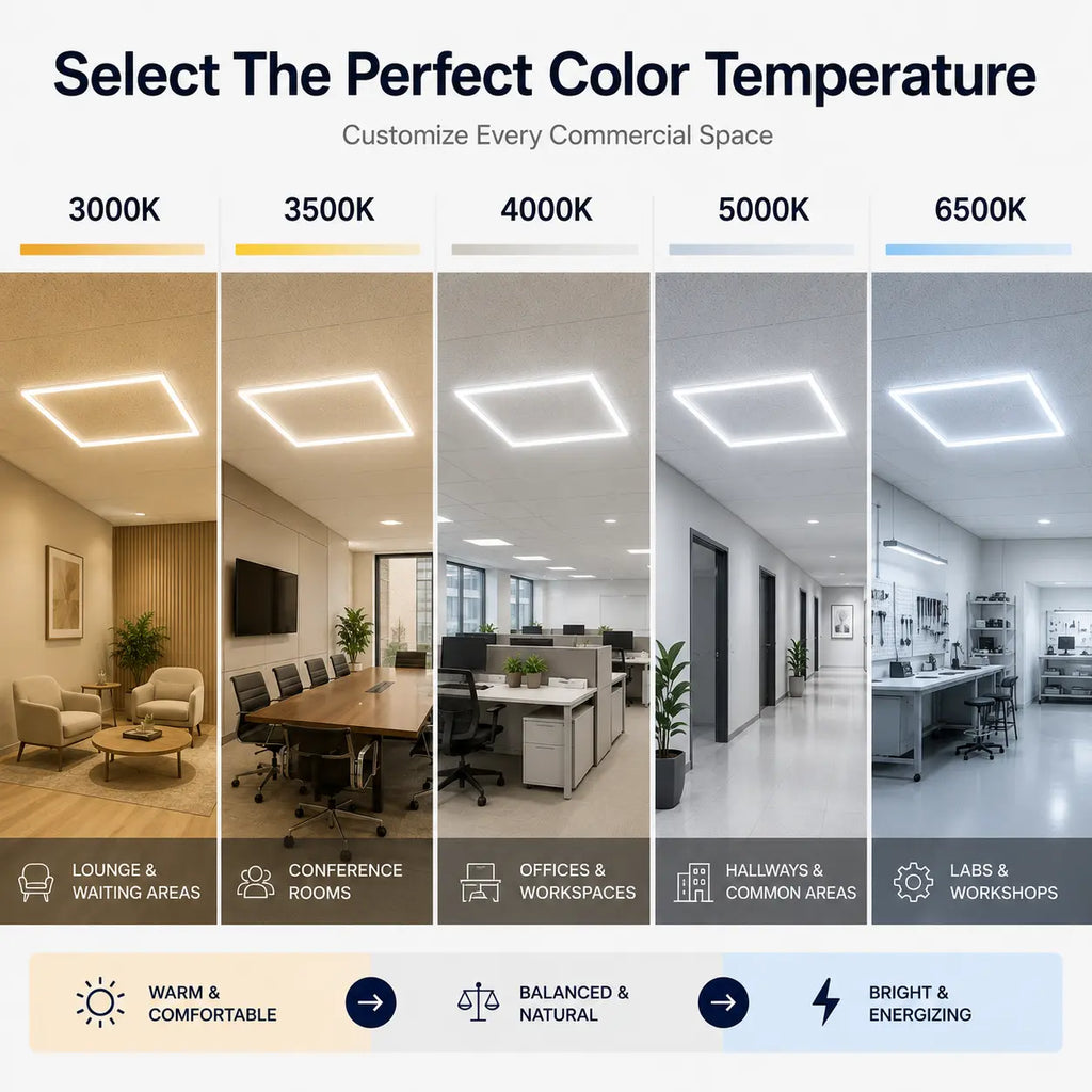 2x2 LED frame lights' Color temperature selection guide for commercial spaces with different lighting conditions.