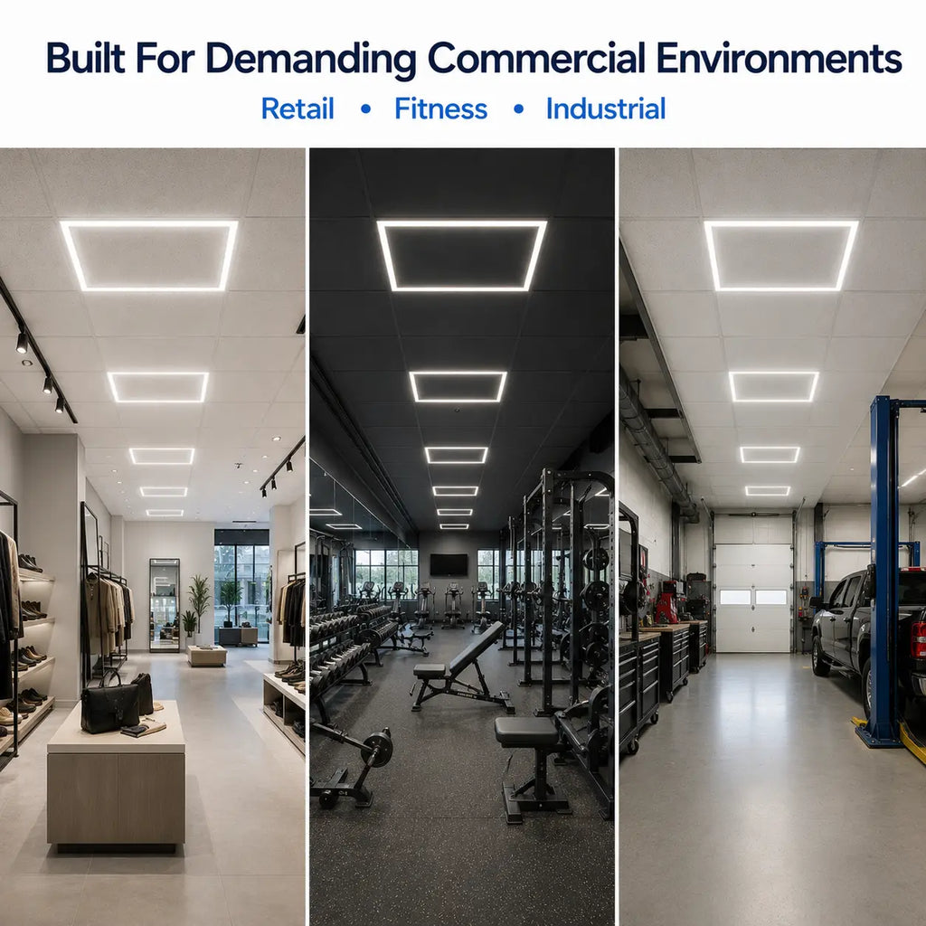 Collage of commercial environments with 2x2 led frame ceiling lights labeled for retail, fitness, and industrial use.