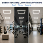 Collage of commercial environments with 2x2 led frame ceiling lights labeled for retail, fitness, and industrial use.
