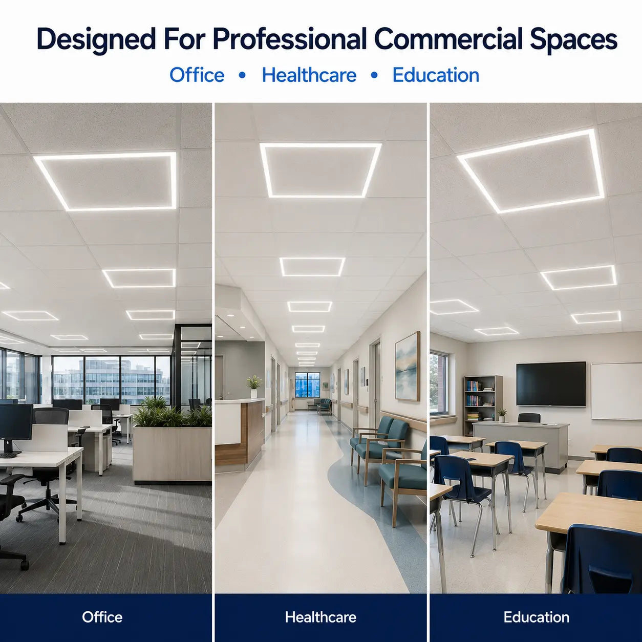 Collage of office, healthcare, and education spaces with 2x2 led frame ceiling lights labeled 'Designed For Professional Commercial Spaces'.