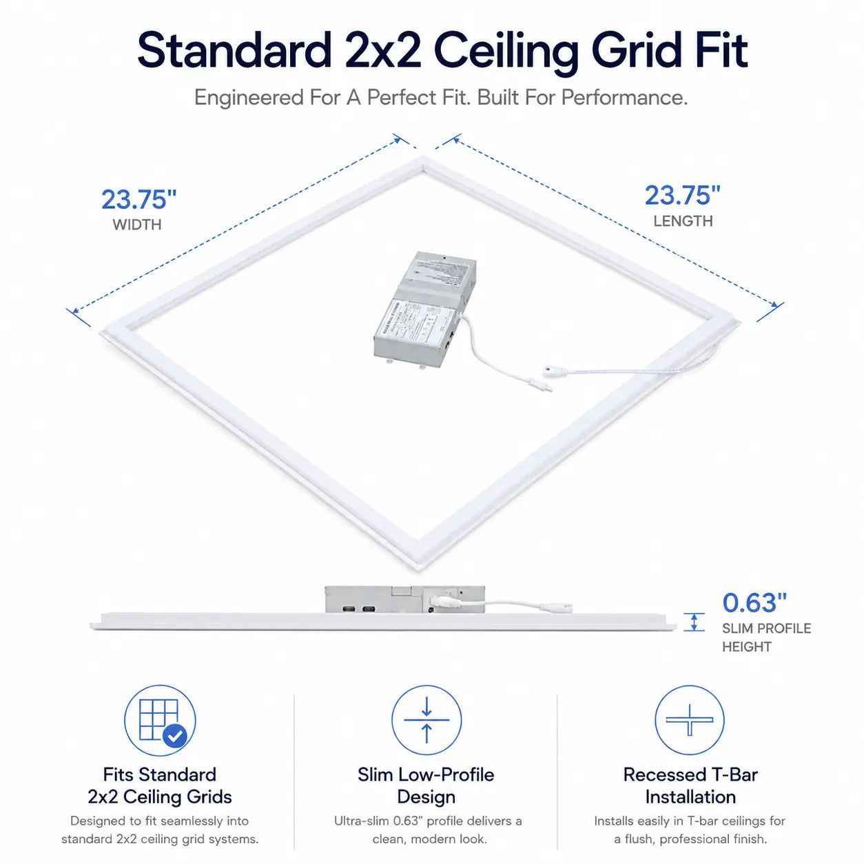 2x2 Ceiling grid panel with dimensions and features on a white background