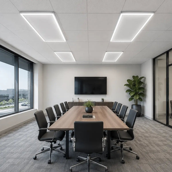 LED T-Bar frame lights installed in Modern conference room with a long table, chairs, and a large TV on the wall.