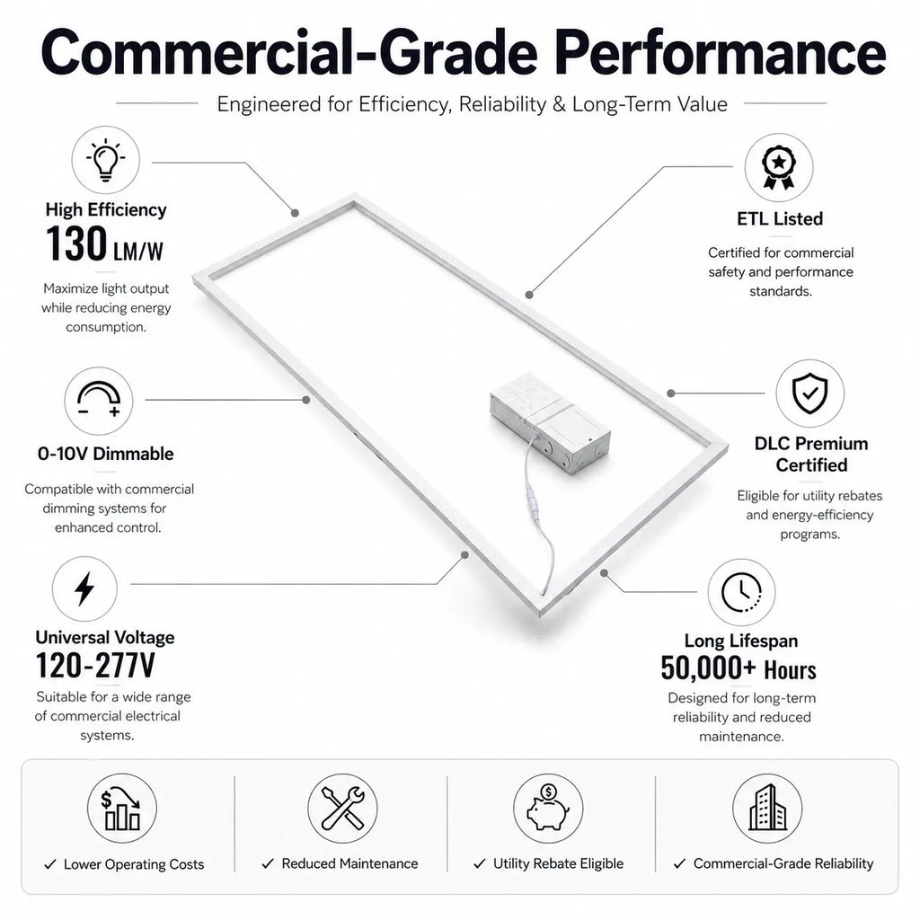 Diagram of a LED Frame light fixture with features highlighted for commercial-grade performanc
