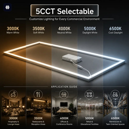 LED frame light with color temperature options and application guide on a dark background