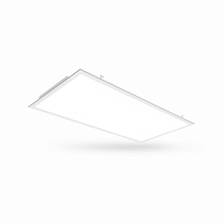 A square LED panel light with a slim white frame, shown floating at an angle against a solid white background with a soft shadow underneath.