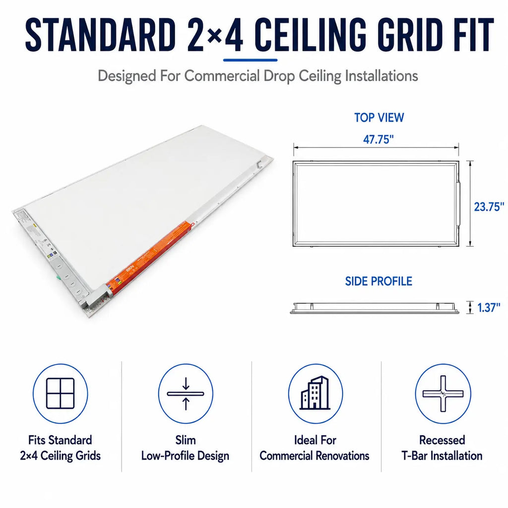 A 2x4 ceiling grid fit panel shown on a white background with dimension callouts, top view, side profile, and feature icons. The product is a slim rectangular white panel with an orange connector strip and metal edge hardware.