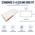 A 2x4 ceiling grid fit panel shown on a white background with dimension callouts, top view, side profile, and feature icons. The product is a slim rectangular white panel with an orange connector strip and metal edge hardware.