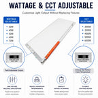 An adjustable LED light panel product diagram with text callouts for wattage and CCT adjustment, showing the panel, connector ribbon, and selectable options on a white background.