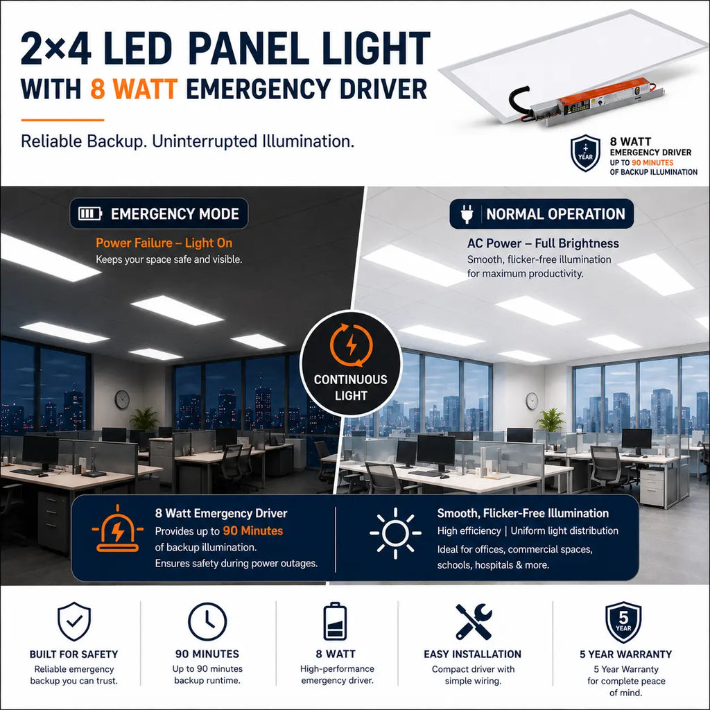 An infographic banner for a 2x4 LED panel light with an 8-watt emergency driver, showing product specs, diagrams, and office application photos.