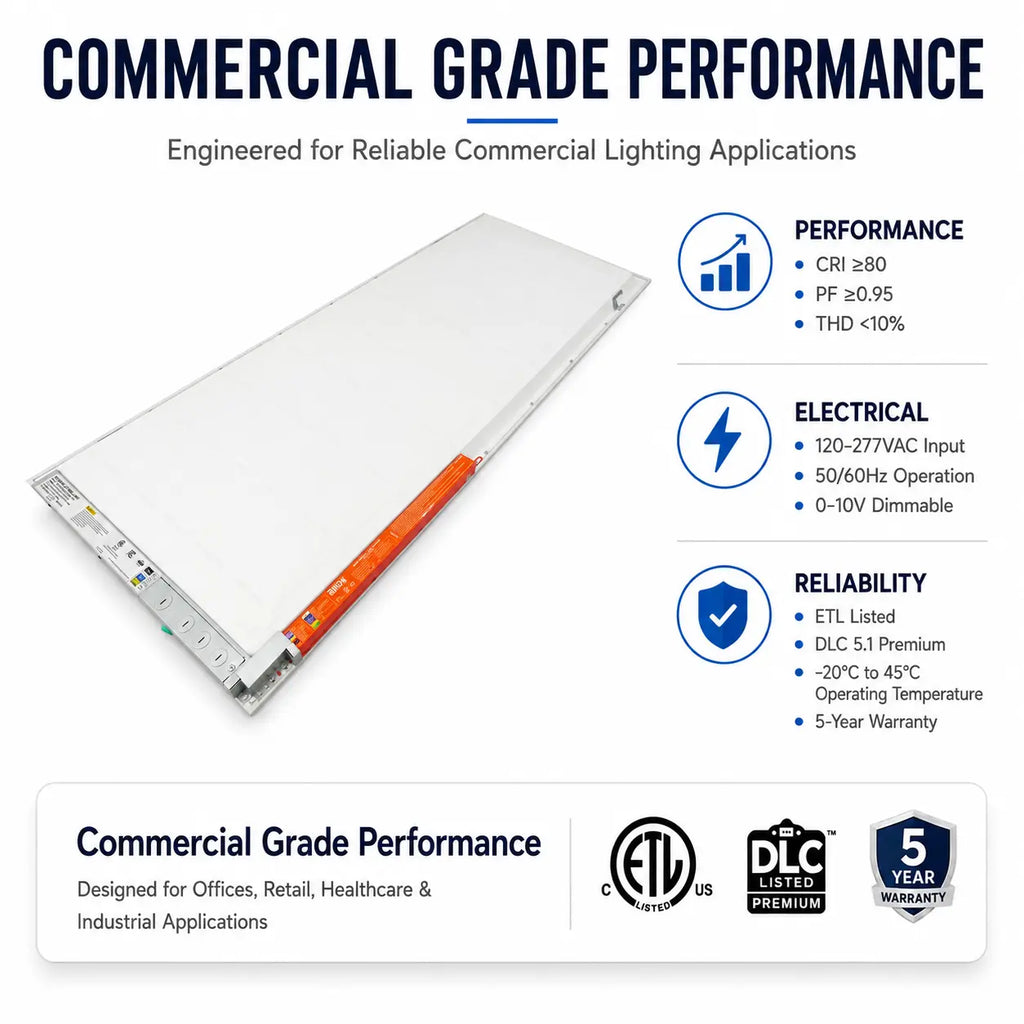 A long rectangular LED light panel shown on a white infographic background with text highlighting performance, electrical specs, reliability, and certification badges including ETL and DLC.