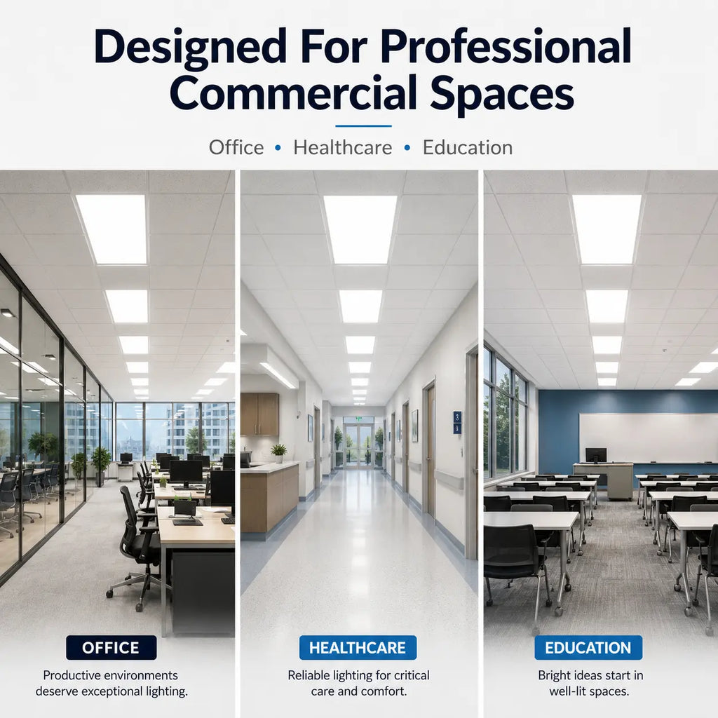 Commercial spaces with office, healthcare, and education settings, featuring bright lighting.