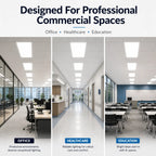 Commercial spaces with office, healthcare, and education settings, featuring bright lighting.