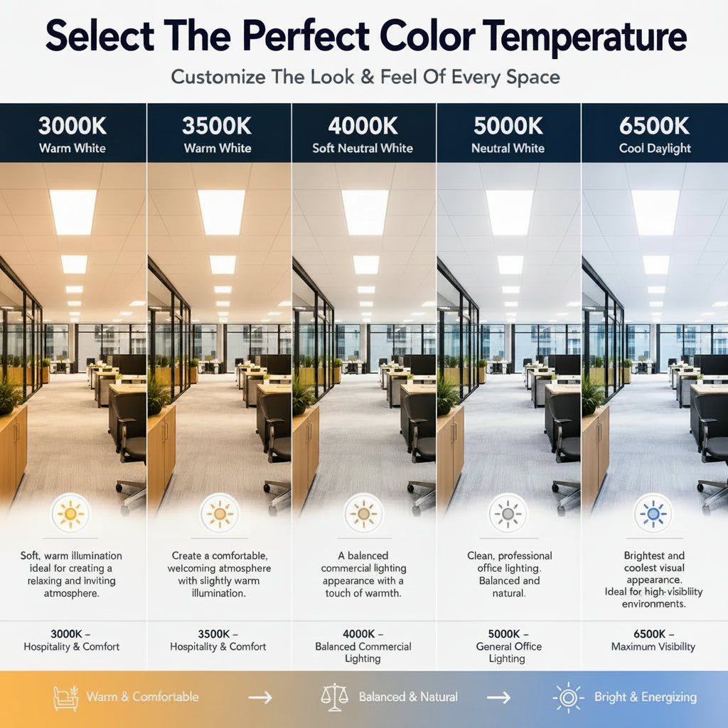 A promotional infographic titled 'Select The Perfect Color Temperature' showing five panels of a modern office interior with different lighting color temperatures: 3000K Warm White, 3500K Warm White, 4000K Soft Neutral White, 5000K Neutral White, and 6500K Cool Daylight. Text below each panel describes the ambiance and suitability for spaces like hospitality, commercial, and office environments.