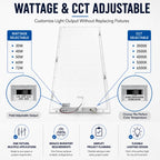 Diagram of wattage and CCT adjustable fixture with specifications and benefits.