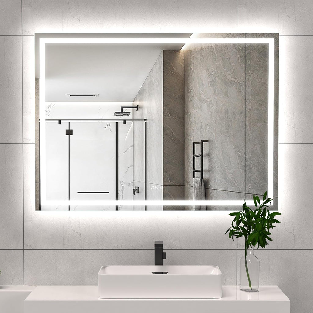 LED Bathroom Mirror 55x40 Inch Front &amp; Backlit Lights Vanity Mirror, Wall Mounted Anti-Fog Dimmable LED Makeup Mirror, IP54 3K-6K Warm/Natural/Daylight, Temp image 0