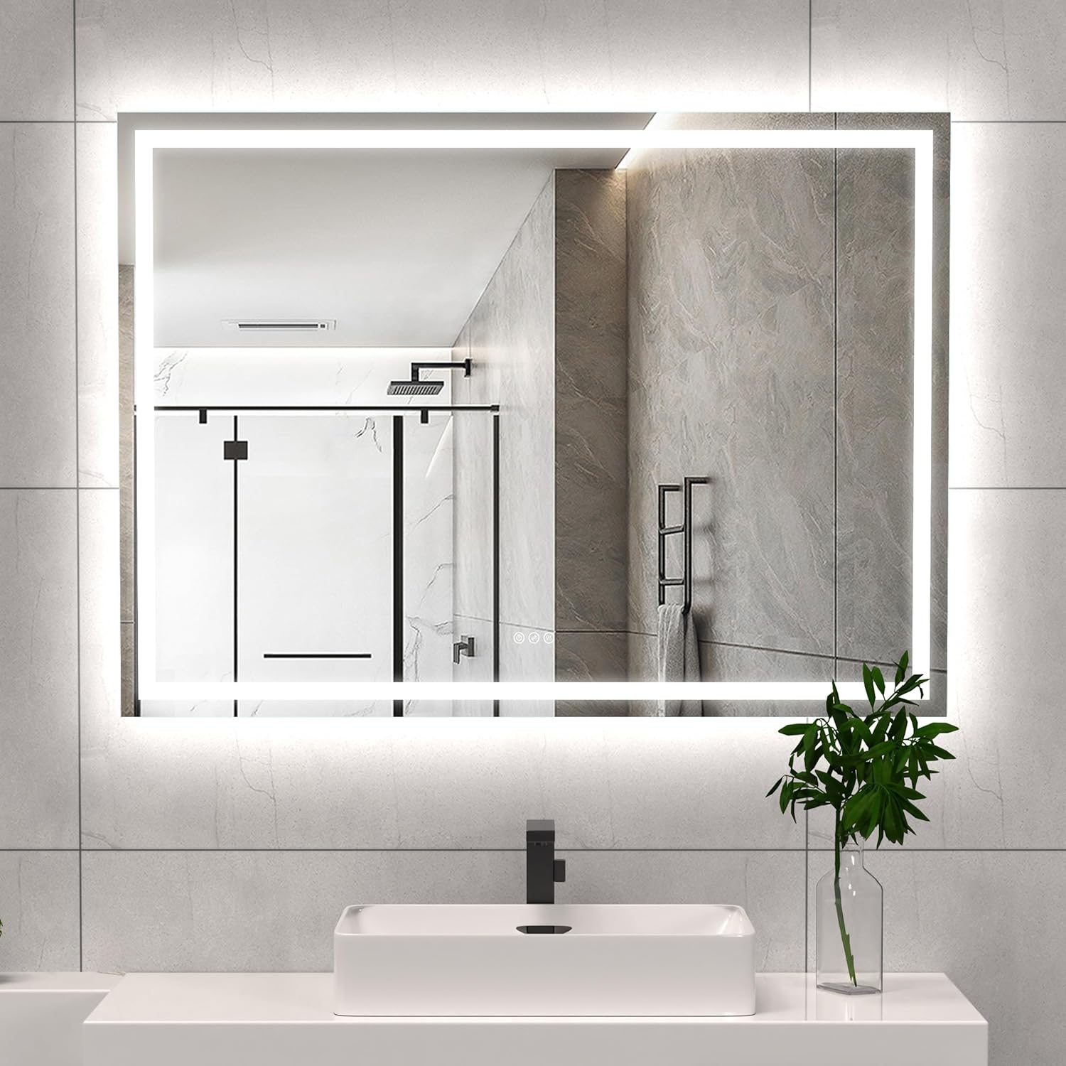 LED Bathroom Mirror 55x40 Inch Front &amp; Backlit Lights Vanity Mirror, Wall Mounted Anti-Fog Dimmable LED Makeup Mirror, IP54 3K-6K Warm/Natural/Daylight, Temp image 0
