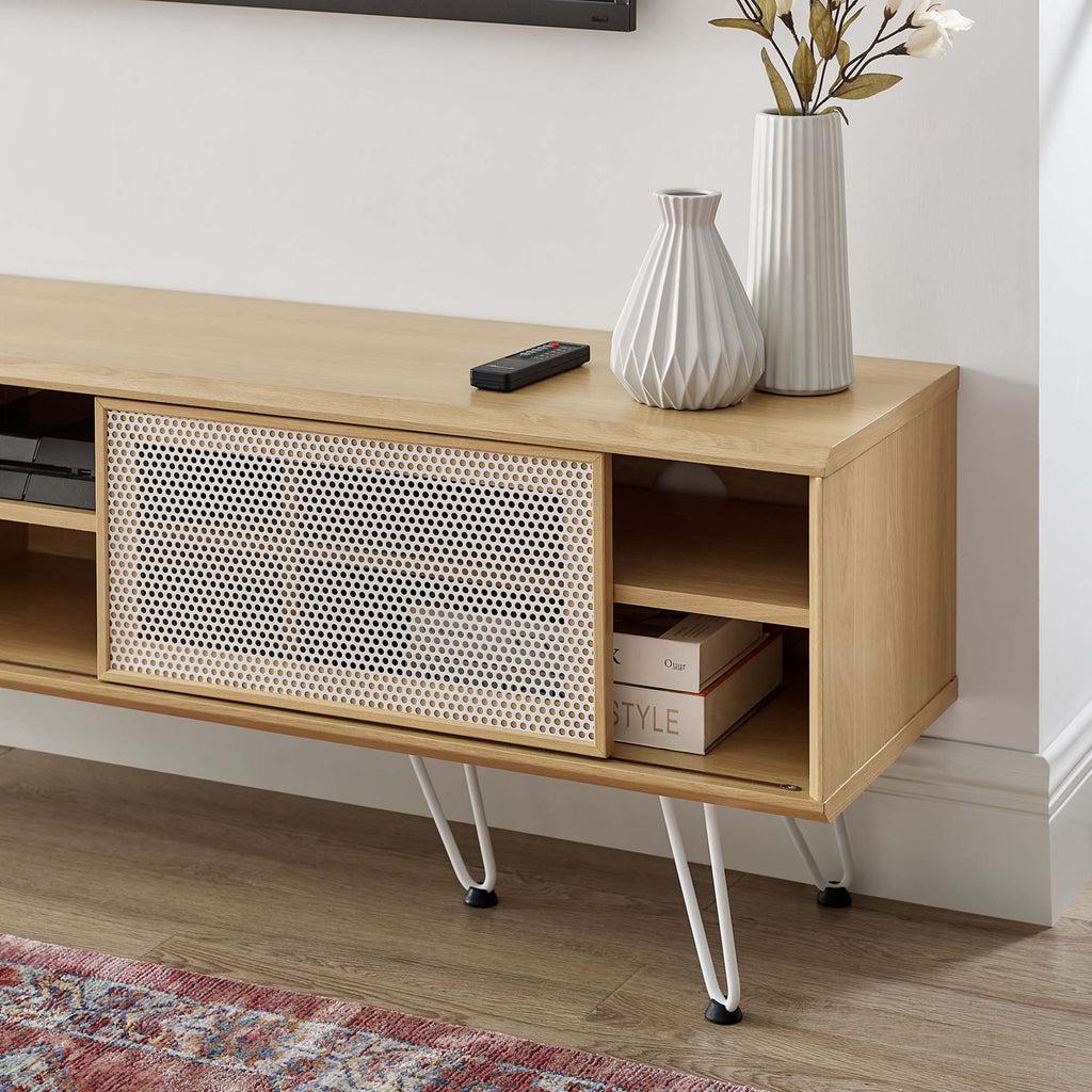 Nomad 59" TV Stand | Oak &amp; Walnut Finish Options | Industrial Modern TV Stand | Sliding Mesh Doors | Honeycomb Core | Wood Grain Laminate | Hairpin Legs image 7