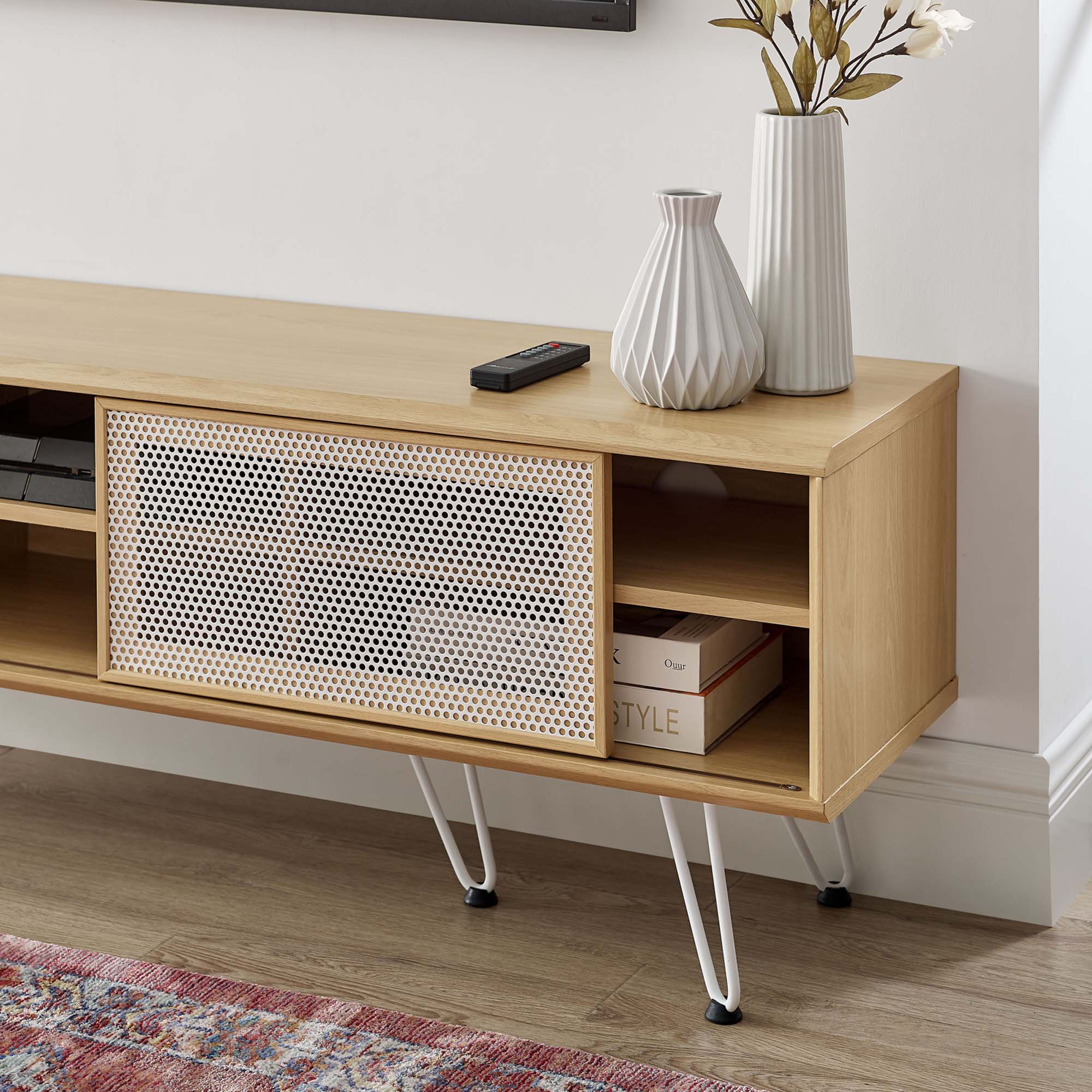 Nomad 59" TV Stand | Oak &amp; Walnut Finish Options | Industrial Modern TV Stand | Sliding Mesh Doors | Honeycomb Core | Wood Grain Laminate | Hairpin Legs image 7
