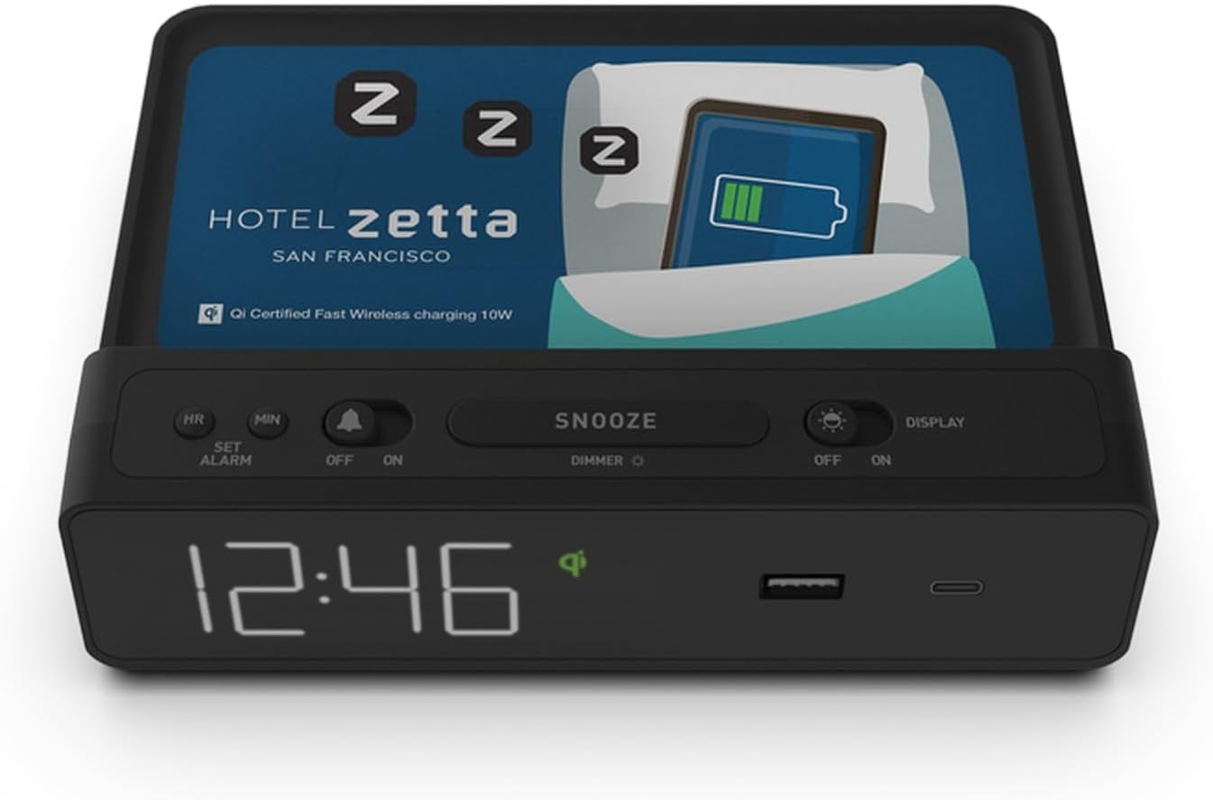 Nonstop NSW2-BK Hotel Station W Alarm Clock | Qi Wireless Charging | USB-C/USB-A | JetWay Black | Dimmable Display | Auto Day Light Saving | Tamper Proof image 2