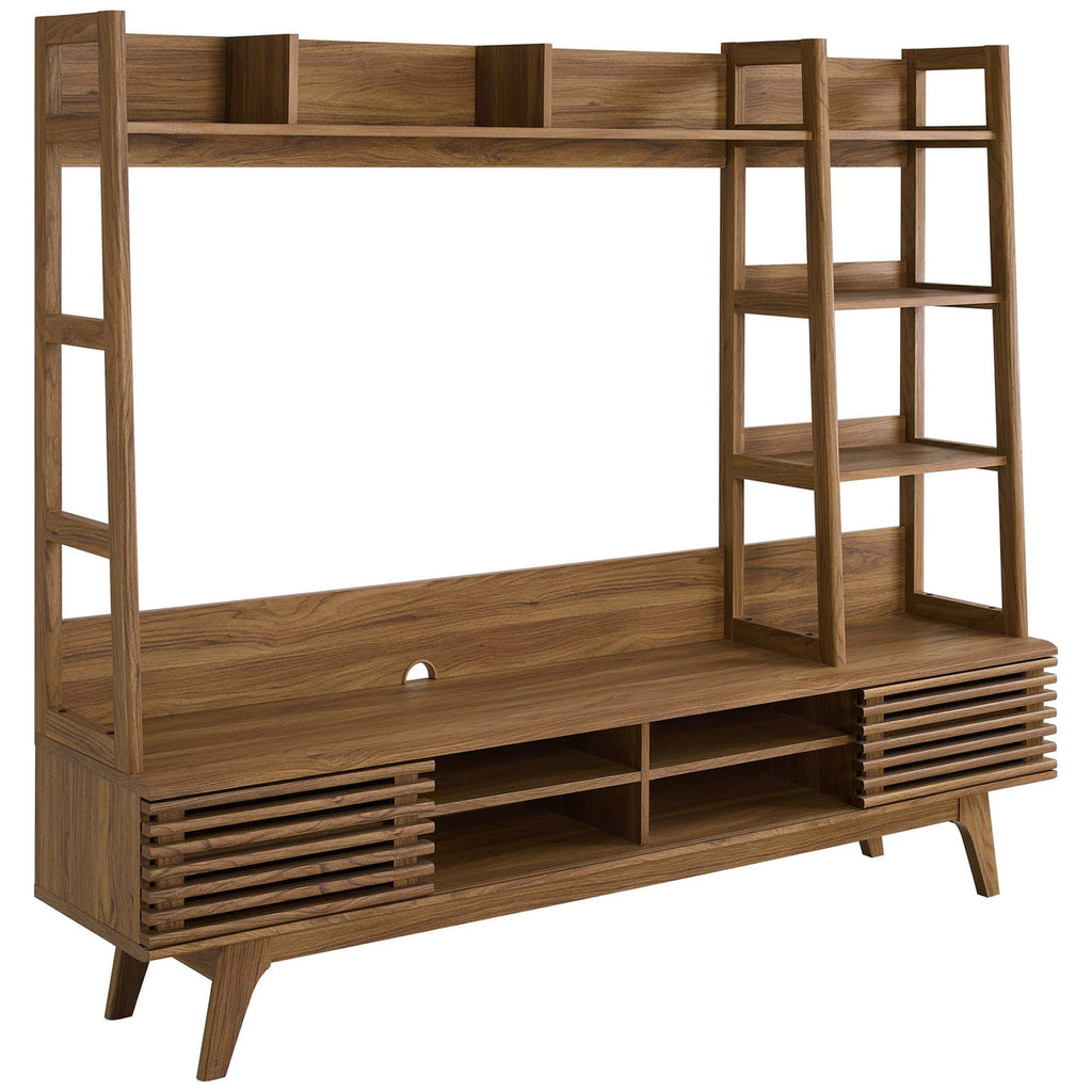 Render TV Stand Entertainment Center | Walnut Finish | Mid-Century Modern Entertainment Center | Smooth Wood Grain Laminate | Durable Particleboard and MDF Construction | Slatted Sliding Doors image 1