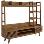 Render TV Stand Entertainment Center | Walnut Finish | Mid-Century Modern Entertainment Center | Smooth Wood Grain Laminate | Durable Particleboard and MDF Construction | Slatted Sliding Doors image 1