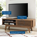 Render 48” TV Stand | Oak &amp; Walnut Finish Options | Mid-Century Style | Smooth Wood Grain Laminate | Slatted Sliding Door | Two Cable Management Holes image 2