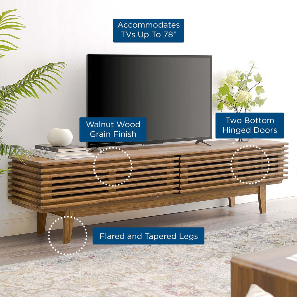 Render 71" TV Stand | Oak &amp; Walnut Finish Options | Mid-Century Modern TV Stand | Smooth Wood Grain Laminate | Durable Particleboard | Two Bottom-Hinged Doors image 3