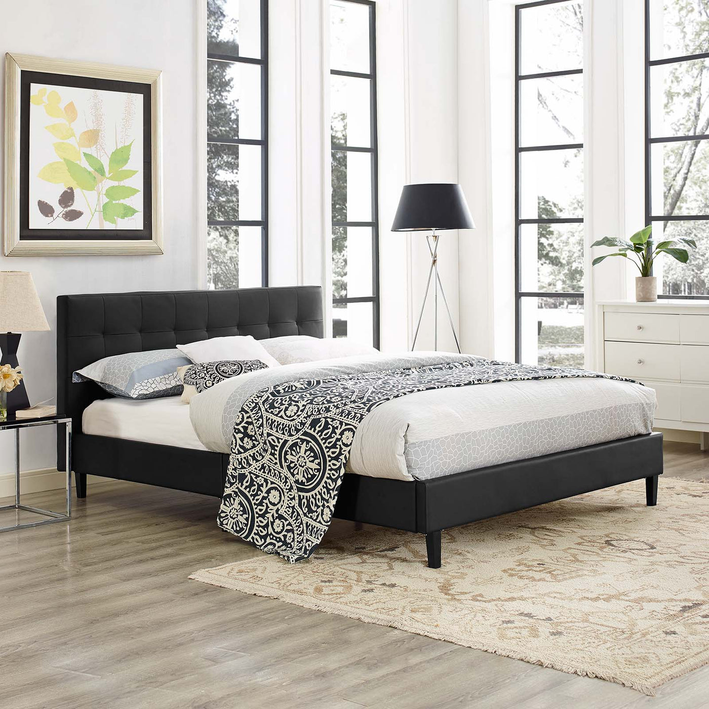 Full Size Bed In Faux Leather | Black Color With Toughened  Vinyl Headboard | 12" H | Linnea Series image 0