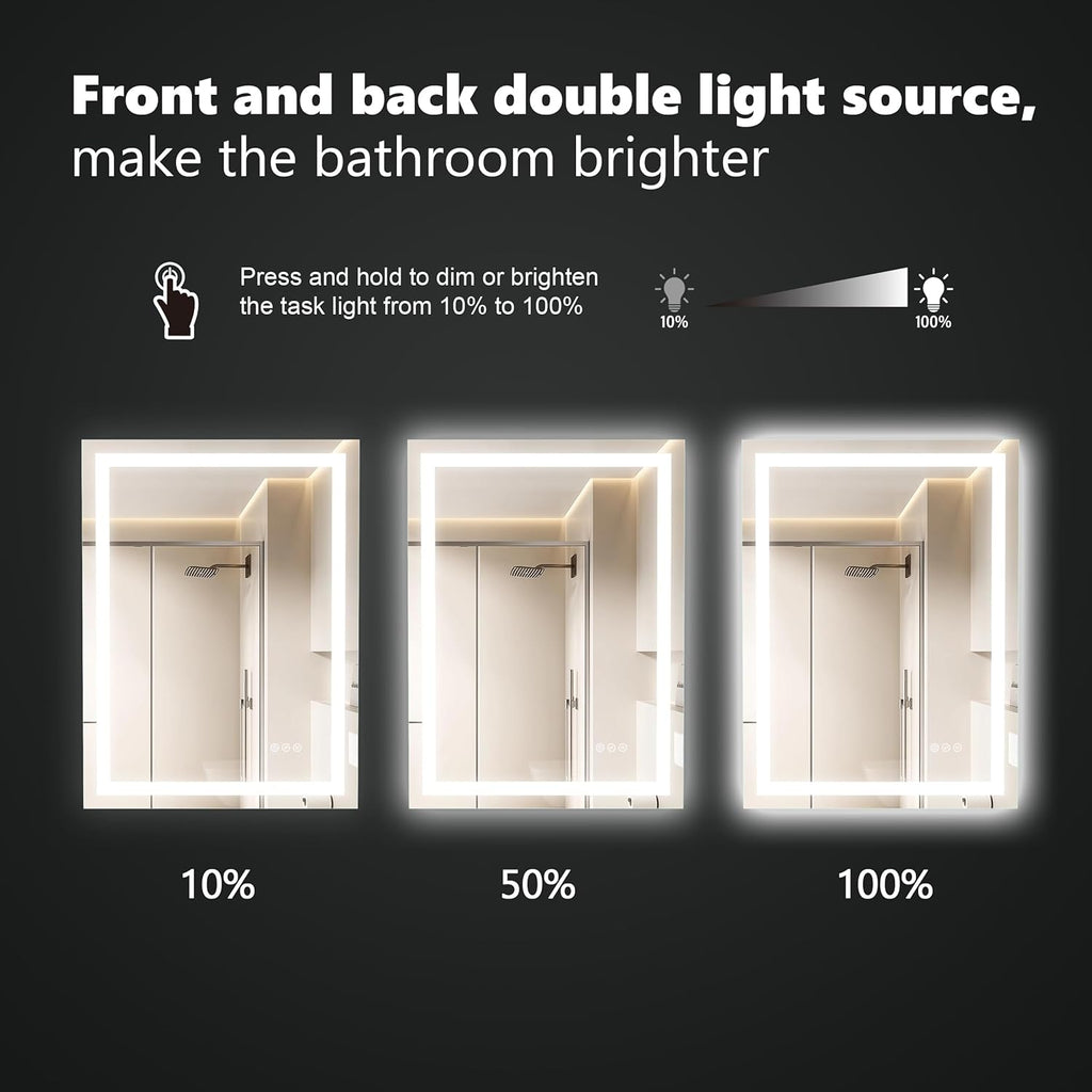 LED Bathroom Mirror 60x40 Inch Front &amp; Backlit Lights Vanity Mirror, Wall Mounted Anti-Fog Dimmable LED Makeup Mirror, IP54 3K-6K Warm/Natural/Daylight, Tempered Glass (Horizontal/Vertical) UL image 4