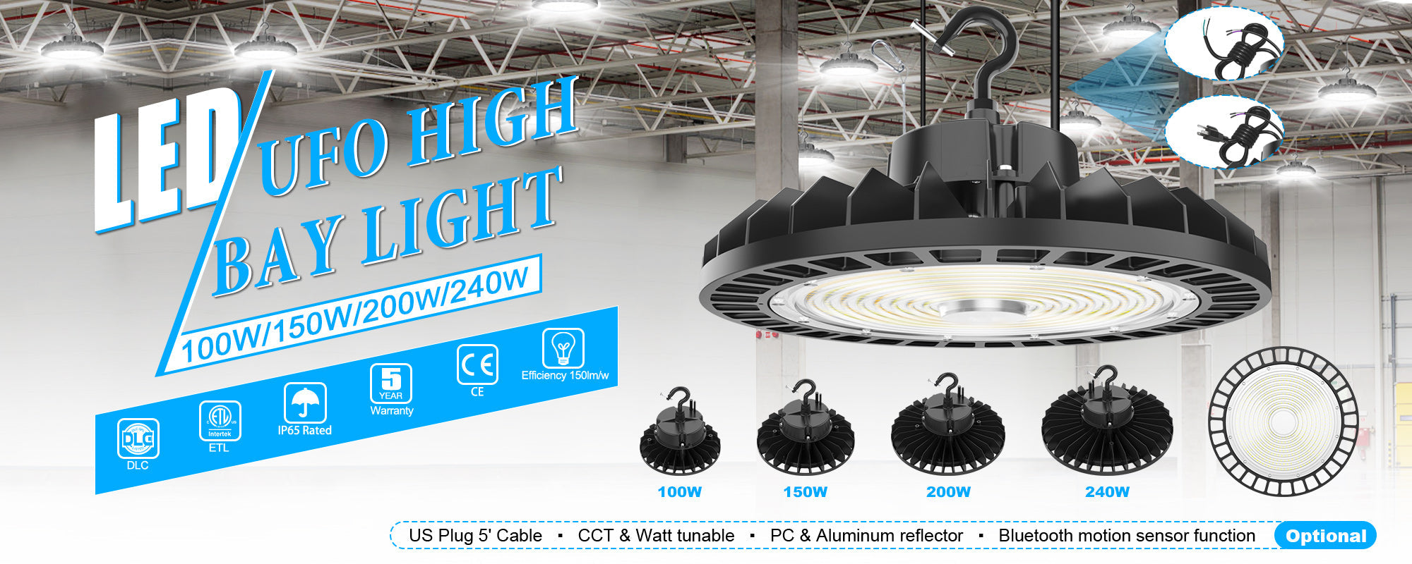 LED UFO High Bay Light | 90W - 240W | 4500K/5000K/5700K | 100-277VAC  | With Microwave Expansion Port 120° Or 90° | US Plug | CE, ETL, CETL, DLC Certified | Pack Of 2 image 1