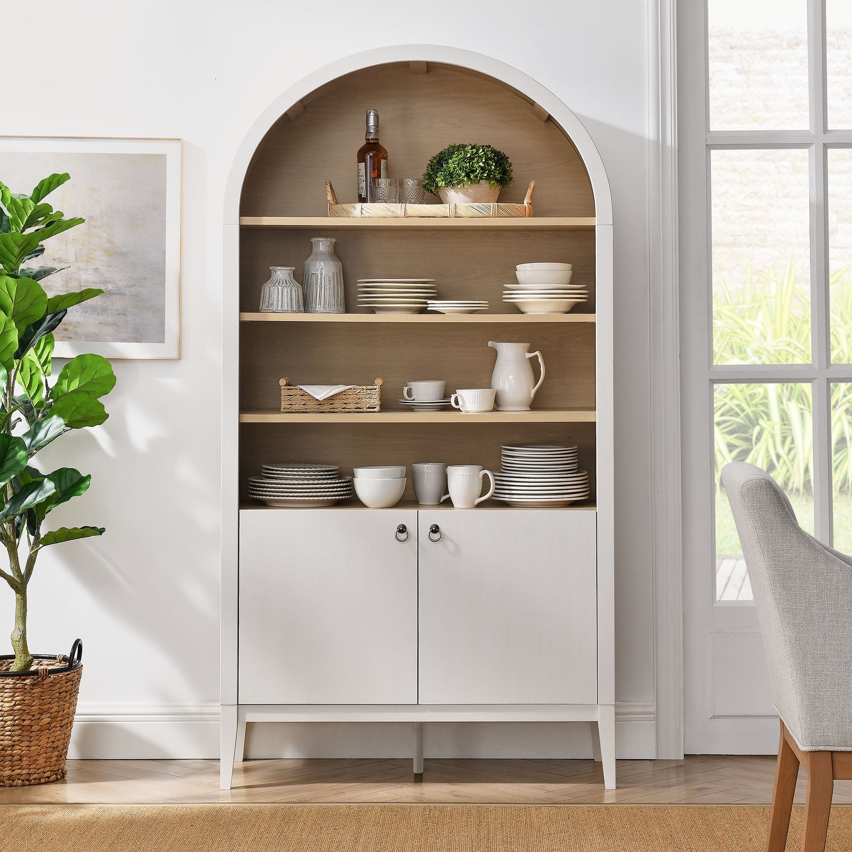 Nolan 74" Tall Arched Storage Display Cabinet Bookshelf | Black, Ivory, Light Oak &amp; Dark Walnut Color Options | Wood Grain Laminate | 4 Adjustable Shelves image 0