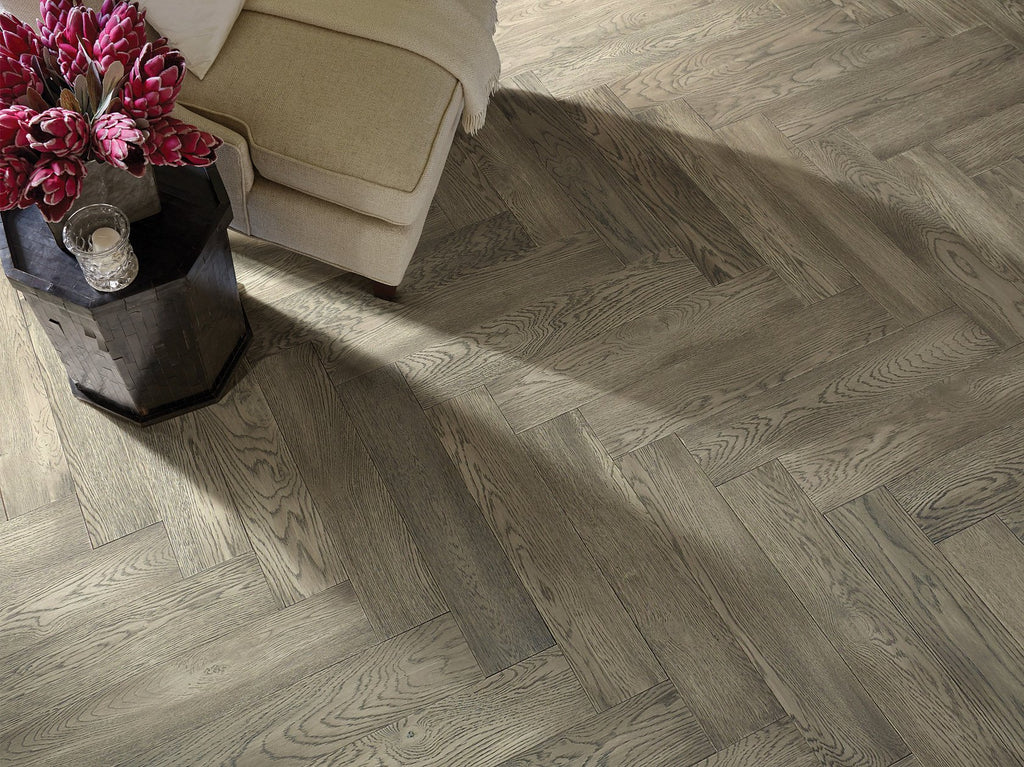 Empire Oak Herringbone | The Gallery Collection | Roosevelt Shade | White Oak | UV Aluminum Oxide Finish | 1.2 mm Veneer Thickness | 27.9 Sq. Ft. Per Carton image 1