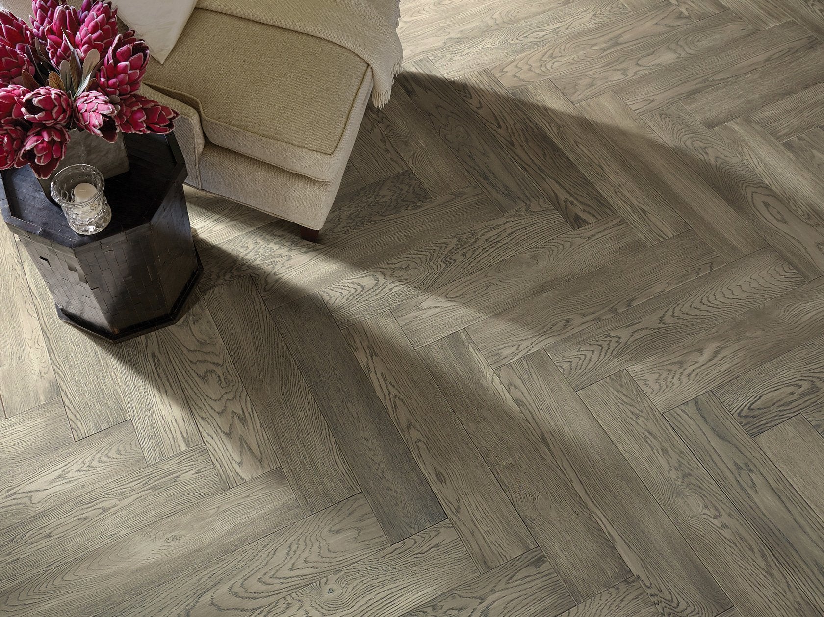 Empire Oak Herringbone | The Gallery Collection | Roosevelt Shade | White Oak | UV Aluminum Oxide Finish | 1.2 mm Veneer Thickness | 27.9 Sq. Ft. Per Carton image 1