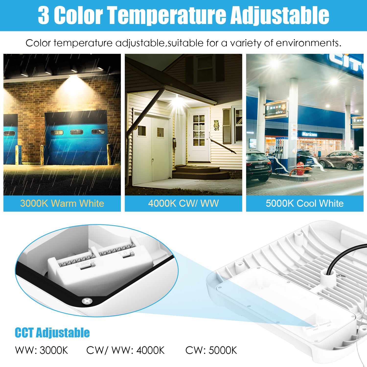 90W/120W/150W Wattage Adjustable LED Canopy Light | 21000 Lumens | 4500K/5000K/5700K CCT Tuneable | ETL, cETL, DLC, CE Listed | Damp/Wet Locations | For Gas Stations, High Bay Carport, Indoor Parking, Underpasses, Loading Docks, Outdoor Area Light image 4