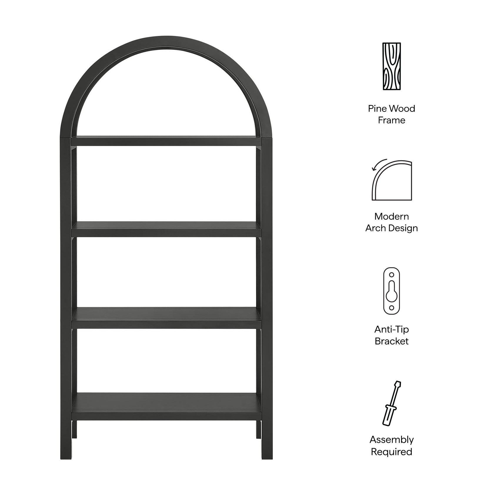 Vexley 60 Inch Arched Bookshelf  | Natural, Black &amp; Walnut Color Options| Pine Wood Frame | Sculptural Arched Silhouette | 4 Pine Veneer Shelves image 2